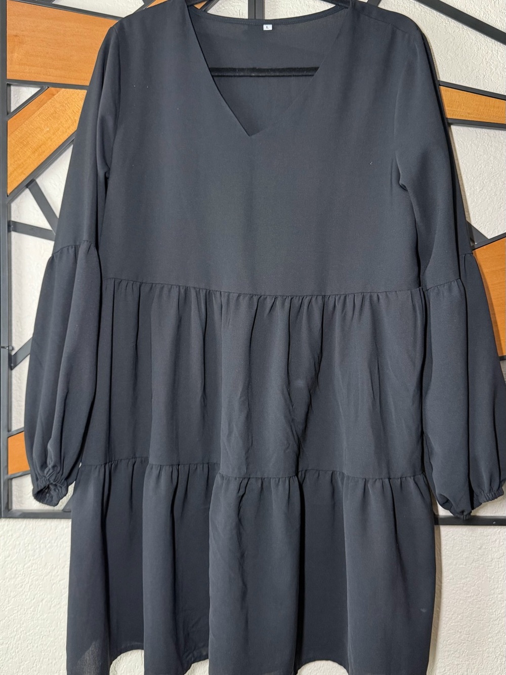 SHEIN Black Long Sleeve Tiered V-Neck Dress